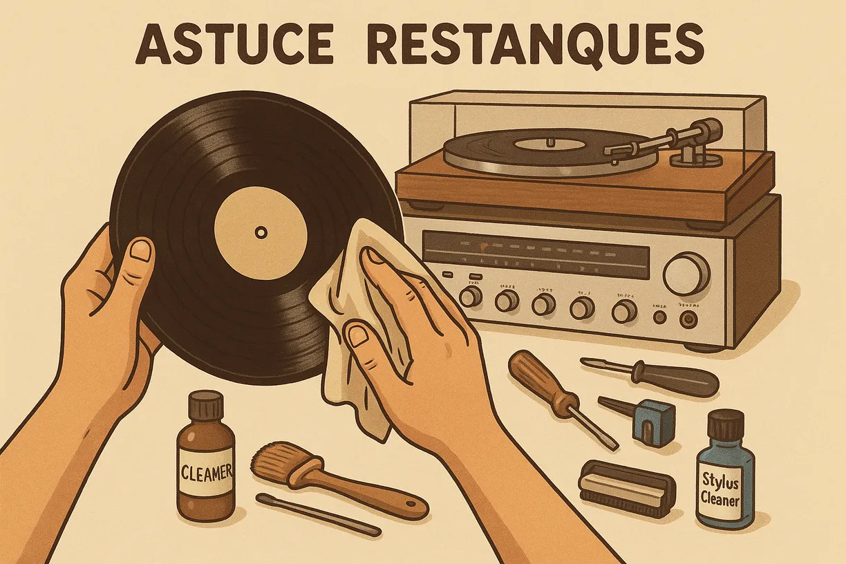 mains en train de prendre soin d'une platine et d'un disque vinyle